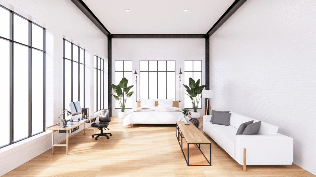 a modern apartment with white walls and wooden floors