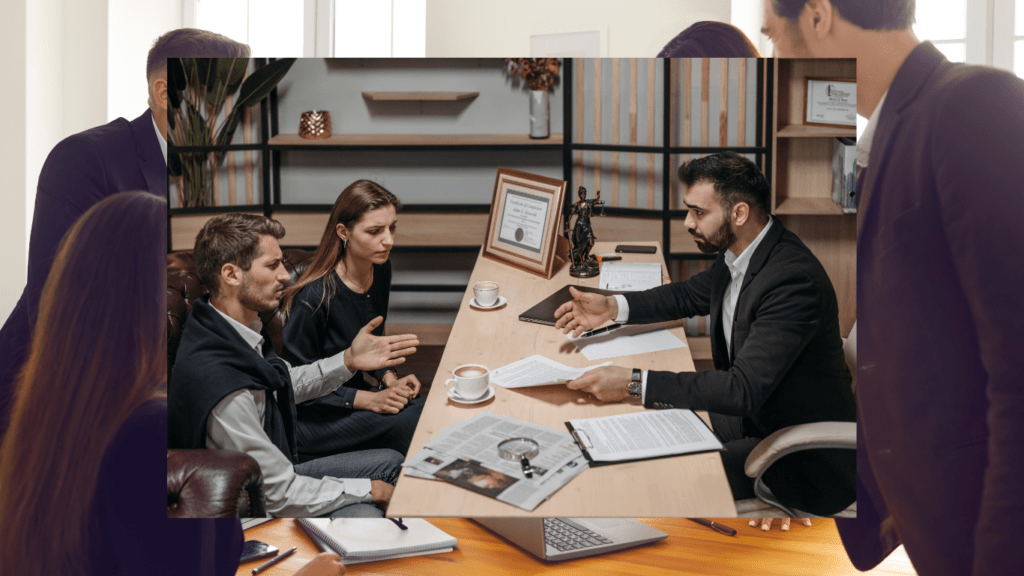 three people sitting at a table in an office