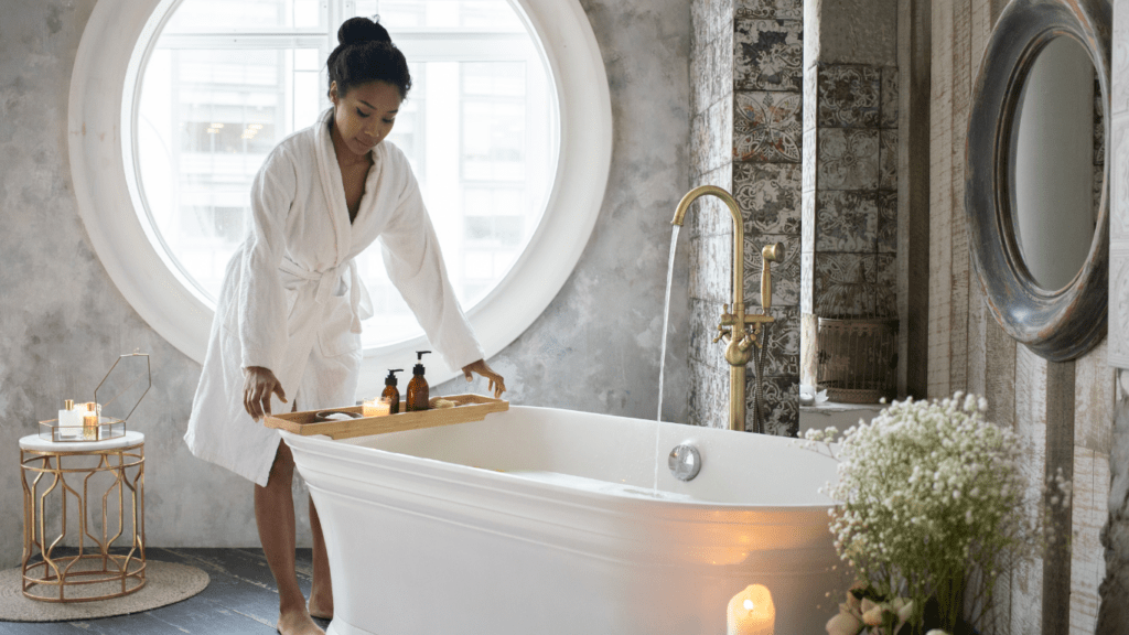 a bathroom sink with soap, toothbrush and potted plant