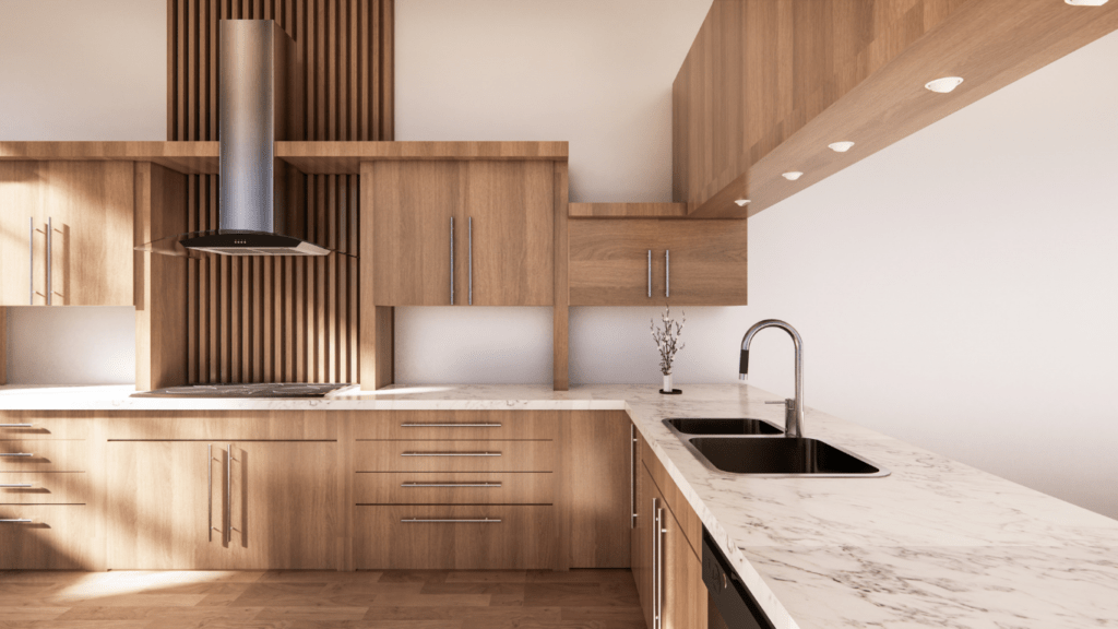 a clean kitchen with white cabinets and hardwood floors