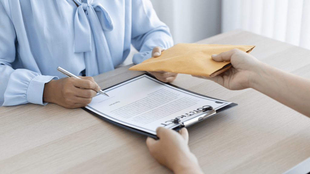 a person handing a letter to another person at a desk